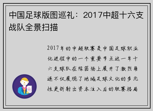 中国足球版图巡礼:2017中超十六支战队全景扫描