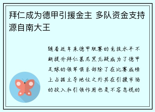 拜仁成为德甲引援金主 多队资金支持源自南大王