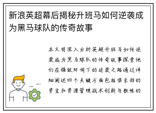 新浪英超幕后揭秘升班马如何逆袭成为黑马球队的传奇故事